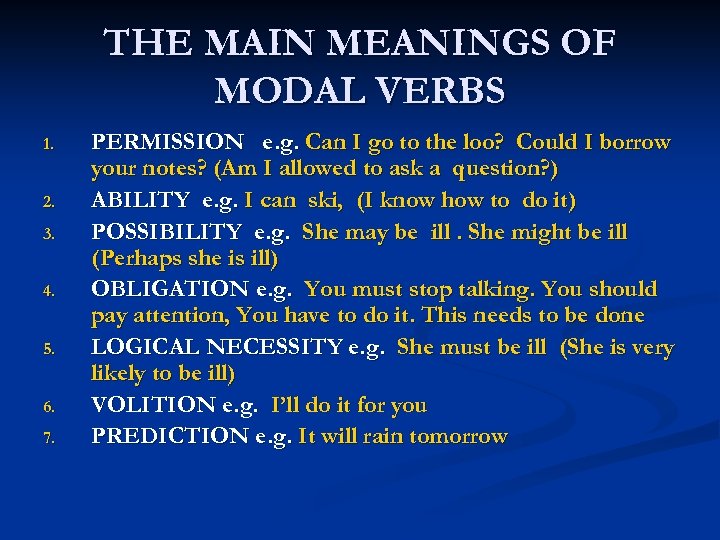 THE MAIN MEANINGS OF MODAL VERBS 1. 2. 3. 4. 5. 6. 7. PERMISSION