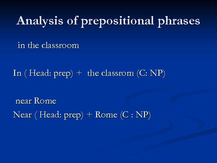 Analysis of prepositional phrases in the classroom In ( Head: prep) + the classrom