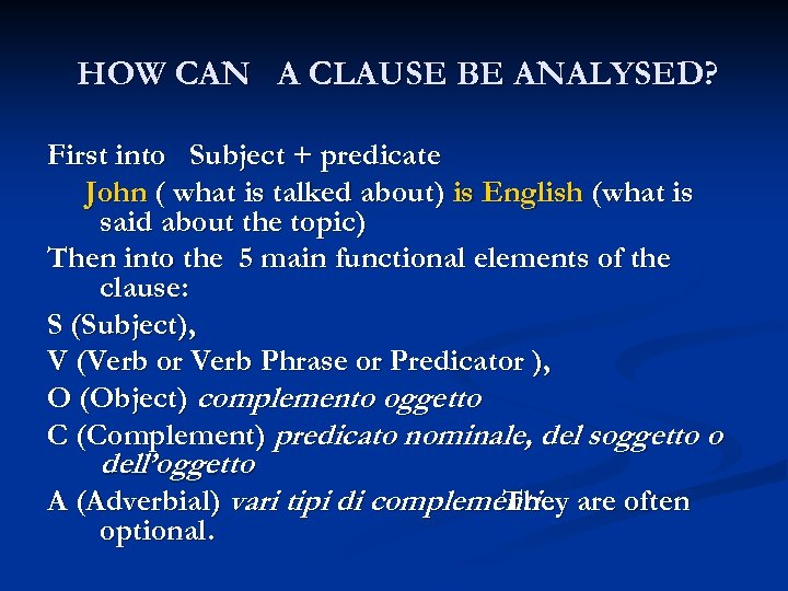 HOW CAN A CLAUSE BE ANALYSED? First into Subject + predicate John ( what