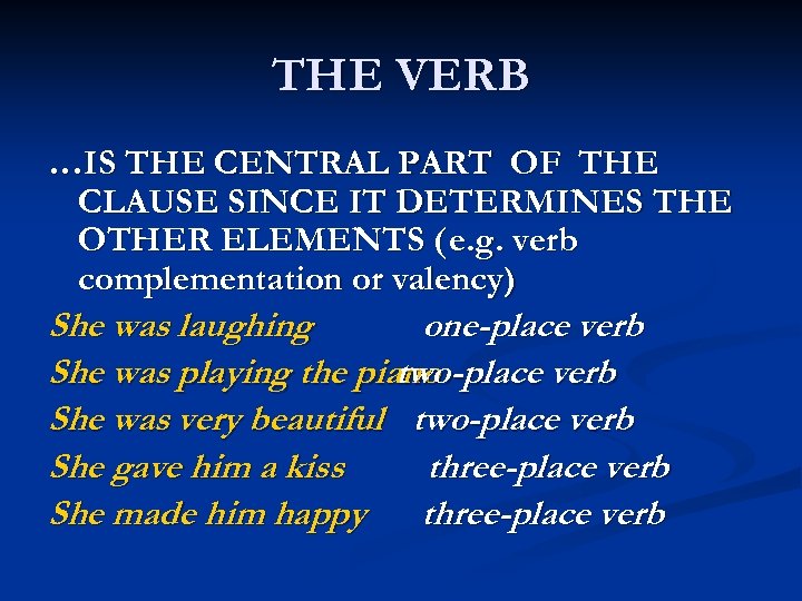 THE VERB …IS THE CENTRAL PART OF THE CLAUSE SINCE IT DETERMINES THE OTHER