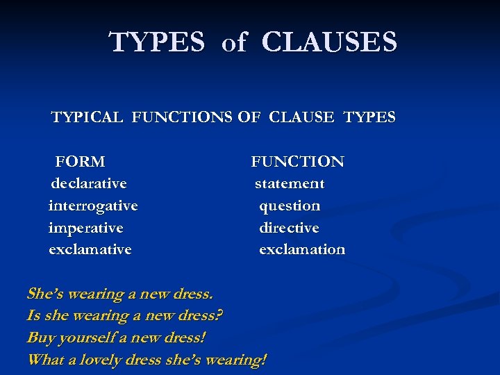 TYPES of CLAUSES TYPICAL FUNCTIONS OF CLAUSE TYPES FORM declarative interrogative imperative exclamative FUNCTION