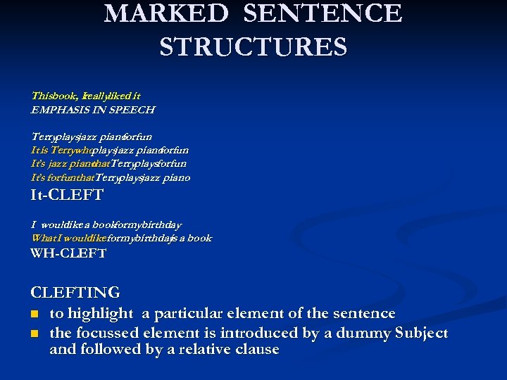 MARKED SENTENCE STRUCTURES Thisbook, I reallyliked it EMPHASIS IN SPEECH Terryplaysjazz piano fun for.