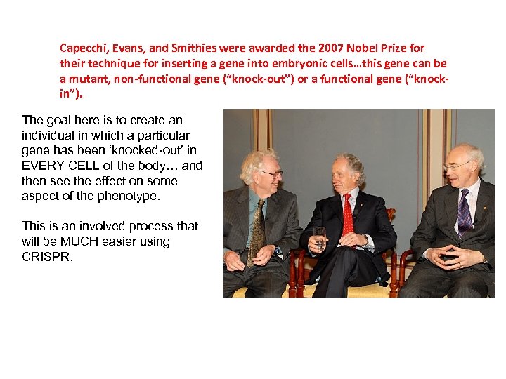 Capecchi, Evans, and Smithies were awarded the 2007 Nobel Prize for their technique for