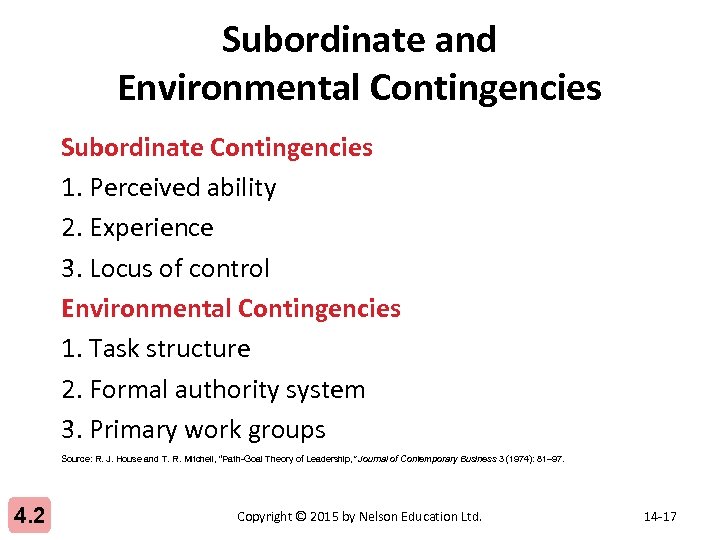 Subordinate and Environmental Contingencies Subordinate Contingencies 1. Perceived ability 2. Experience 3. Locus of