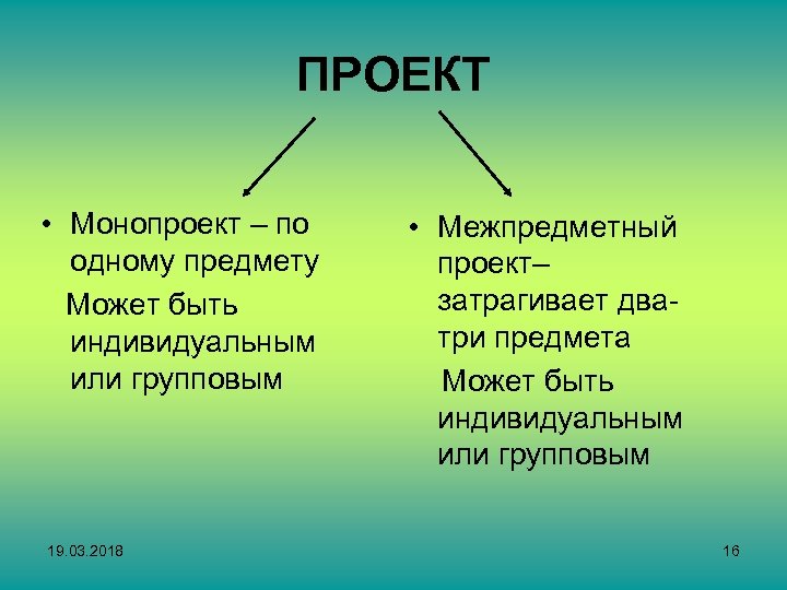 ПРОЕКТ • Монопроект – по одному предмету Может быть индивидуальным или групповым 19. 03.