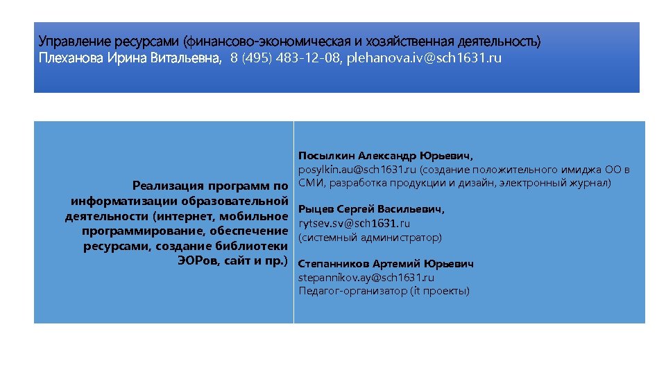 Управление ресурсами (финансово-экономическая и хозяйственная деятельность) Плеханова Ирина Витальевна, 8 (495) 483 -12 -08,