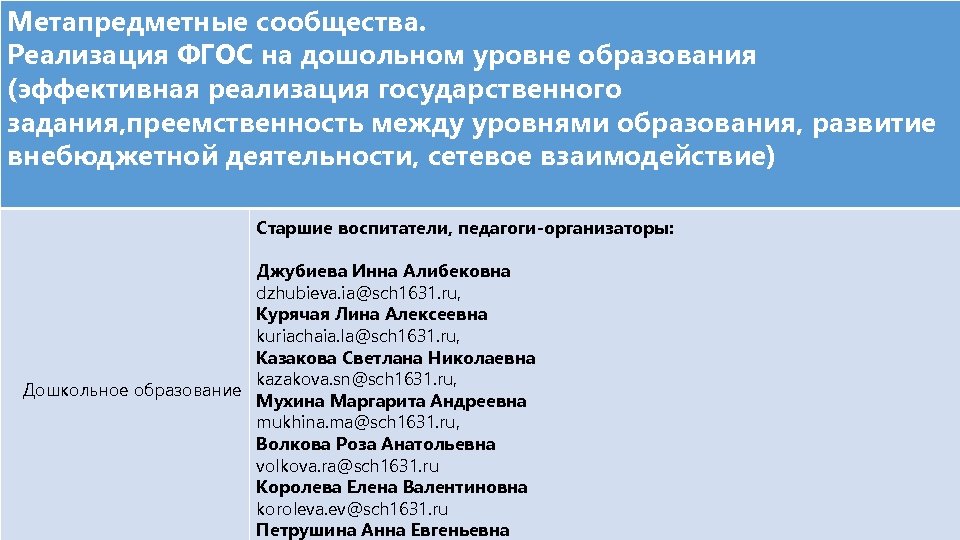 Метапредметные сообщества. Реализация ФГОС на дошольном уровне образования (эффективная реализация государственного задания, преемственность между