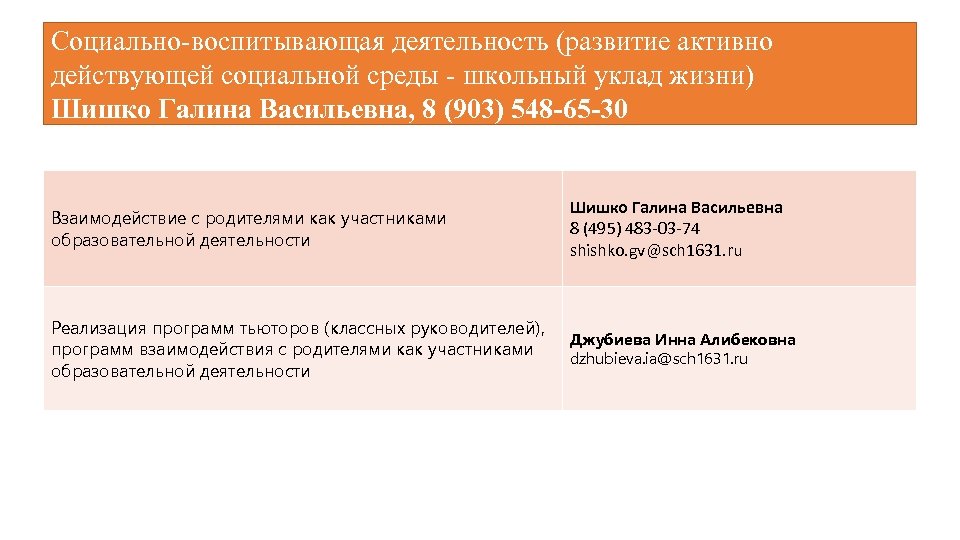 Социально-воспитывающая деятельность (развитие активно действующей социальной среды - школьный уклад жизни) Шишко Галина Васильевна,