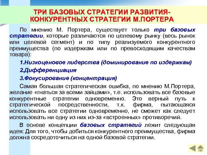 ТРИ БАЗОВЫХ СТРАТЕГИИ РАЗВИТИЯКОНКУРЕНТНЫХ СТРАТЕГИИ М. ПОРТЕРА По мнению М. Портера, существует только три