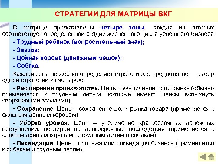 СТРАТЕГИИ ДЛЯ МАТРИЦЫ ВКГ В матрице представлены четыре зоны, каждая из которых соответствует определенной