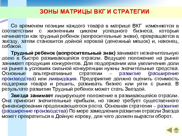 ЗОНЫ МАТРИЦЫ ВКГ И СТРАТЕГИИ Со временем позиции каждого товара в матрице ВКГ изменяются