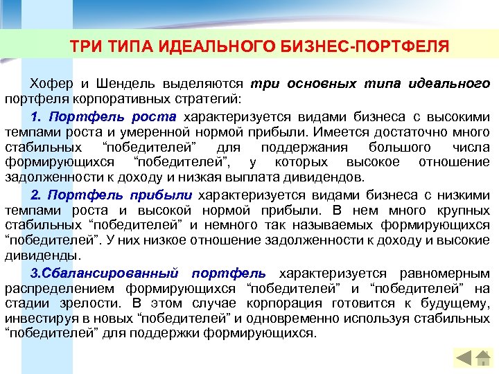 ТРИ ТИПА ИДЕАЛЬНОГО БИЗНЕС-ПОРТФЕЛЯ Хофеp и Шендель выделяются три основных типа идеального портфеля корпоративных