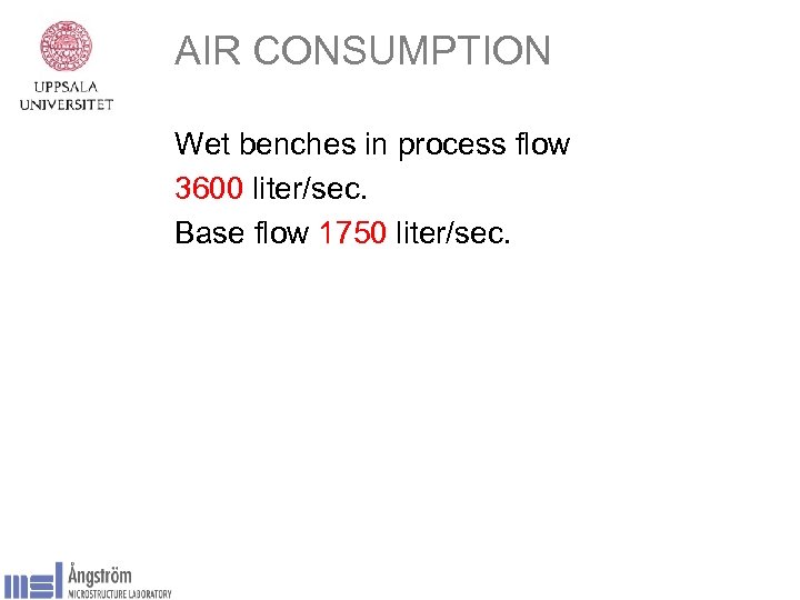 AIR CONSUMPTION Wet benches in process flow 3600 liter/sec. Base flow 1750 liter/sec. 