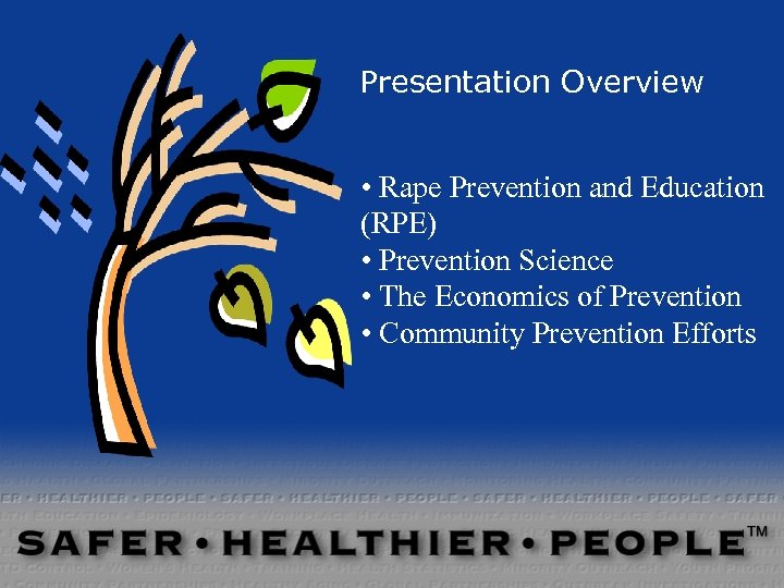 Presentation Overview • Rape Prevention and Education (RPE) • Prevention Science • The Economics