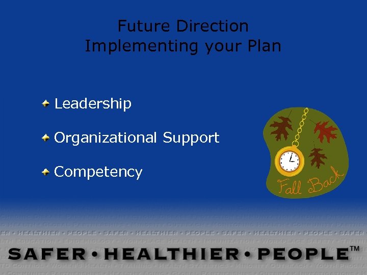 Future Direction Implementing your Plan Leadership Organizational Support Competency 