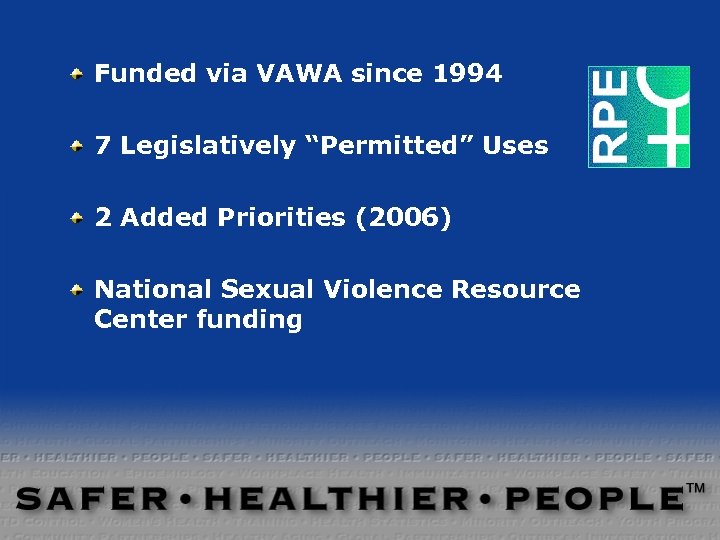 Funded via VAWA since 1994 7 Legislatively “Permitted” Uses 2 Added Priorities (2006) National