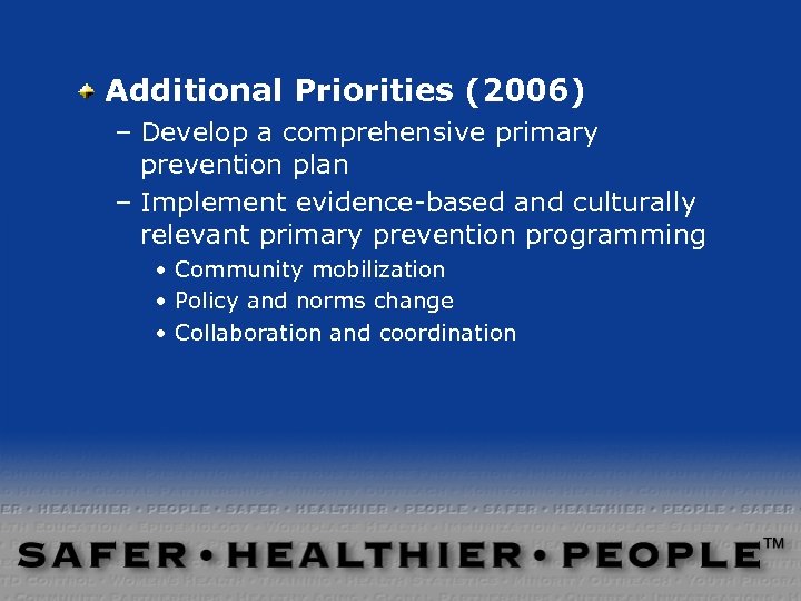 Additional Priorities (2006) – Develop a comprehensive primary prevention plan – Implement evidence-based and