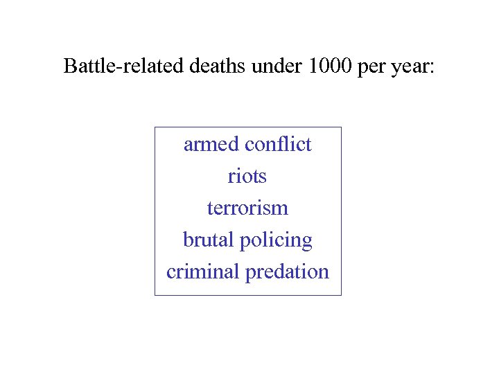 Battle-related deaths under 1000 per year: armed conflict riots terrorism brutal policing criminal predation