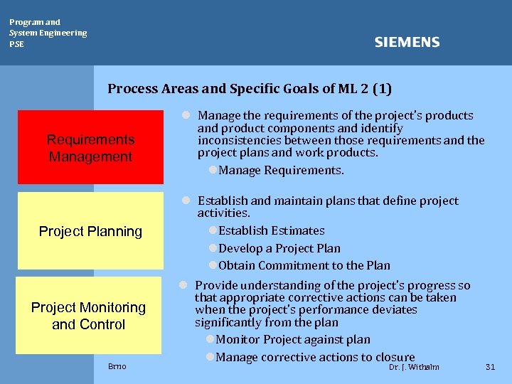 Program and System Engineering PSE Process Areas and Specific Goals of ML 2 (1)