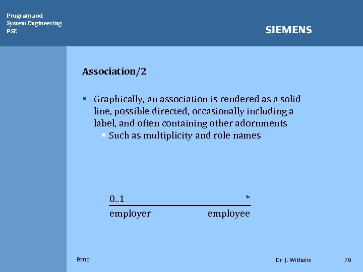 Program and System Engineering PSE Association/2 § Graphically, an association is rendered as a