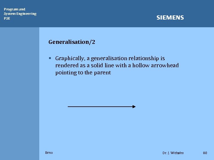 Program and System Engineering PSE Generalisation/2 § Graphically, a generalisation relationship is rendered as