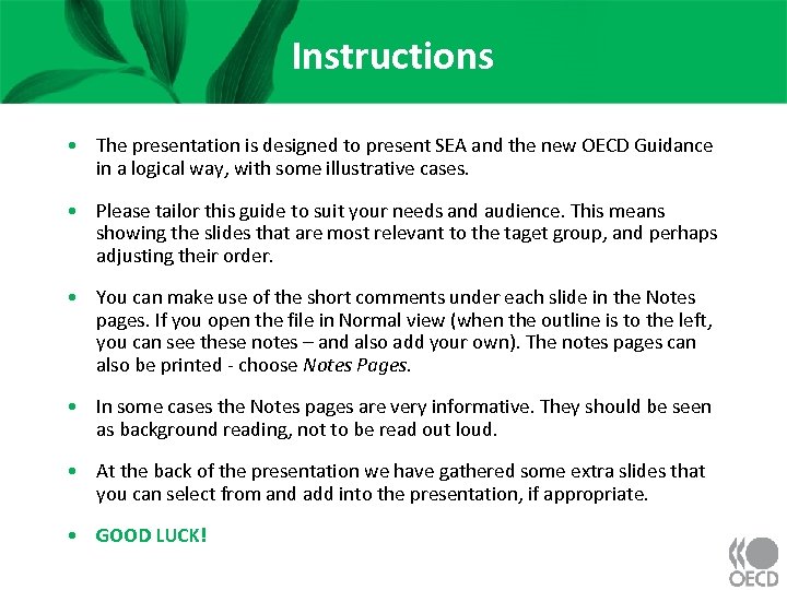 Instructions • The presentation is designed to present SEA and the new OECD Guidance