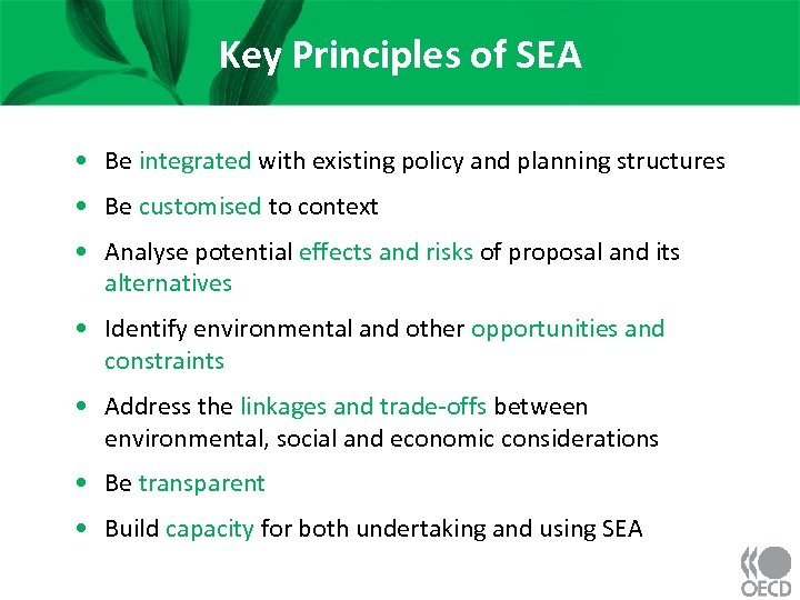 Key Principles of SEA • Be integrated with existing policy and planning structures •