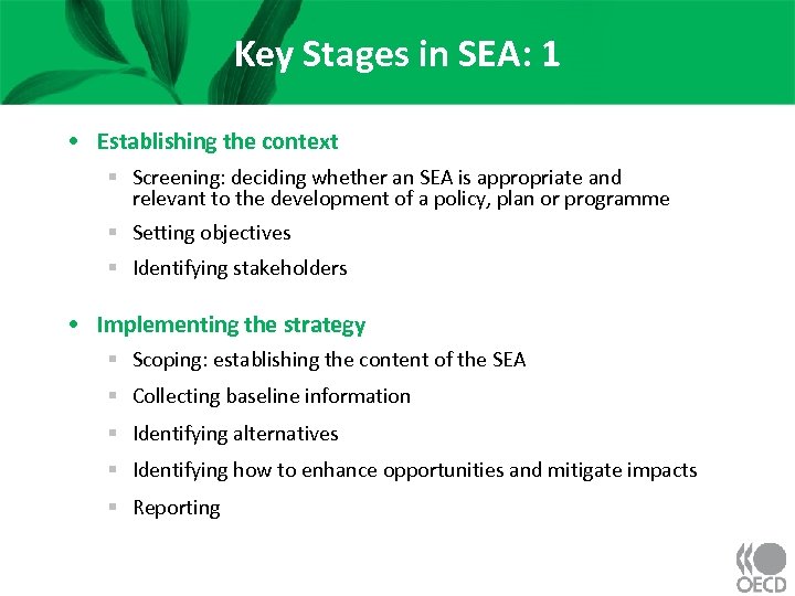 Key Stages in SEA: 1 • Establishing the context § Screening: deciding whether an