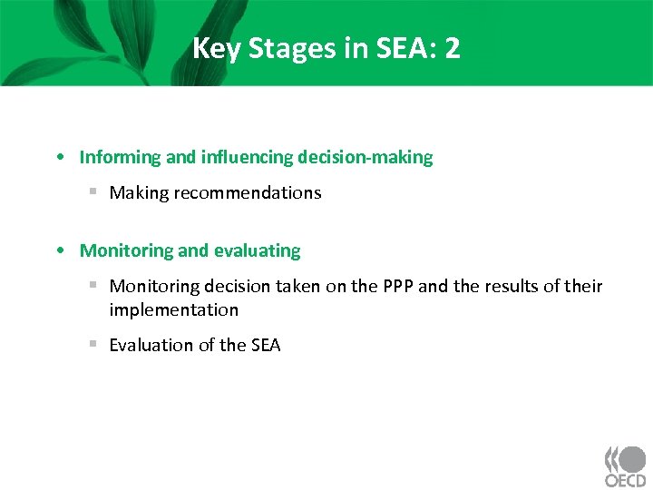 Key Stages in SEA: 2 • Informing and influencing decision-making § Making recommendations •