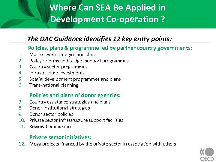 Where Can SEA Be Applied in Development Co-operation ? The DAC Guidance identifies 12