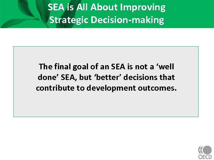 SEA is All About Improving Strategic Decision-making The final goal of an SEA is