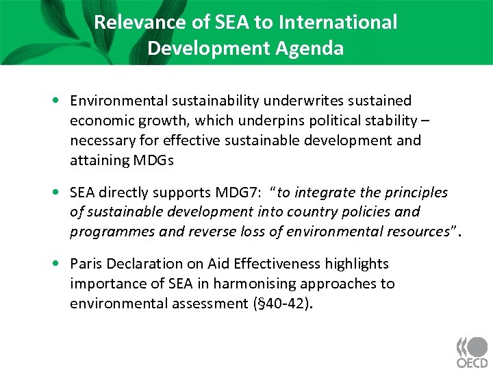 Relevance of SEA to International Development Agenda • Environmental sustainability underwrites sustained economic growth,