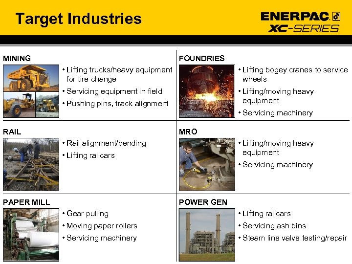 Target Industries MINING FOUNDRIES • Lifting trucks/heavy equipment for tire change • Lifting bogey