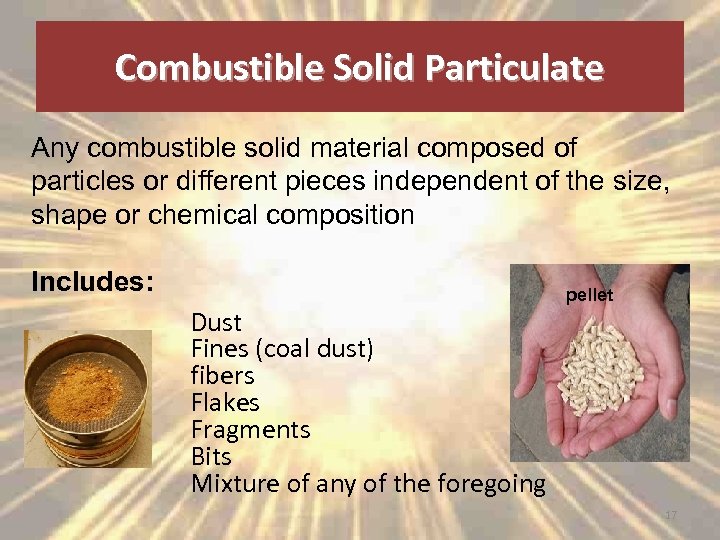 Combustible Solid Particulate Any combustible solid material composed of particles or different pieces independent