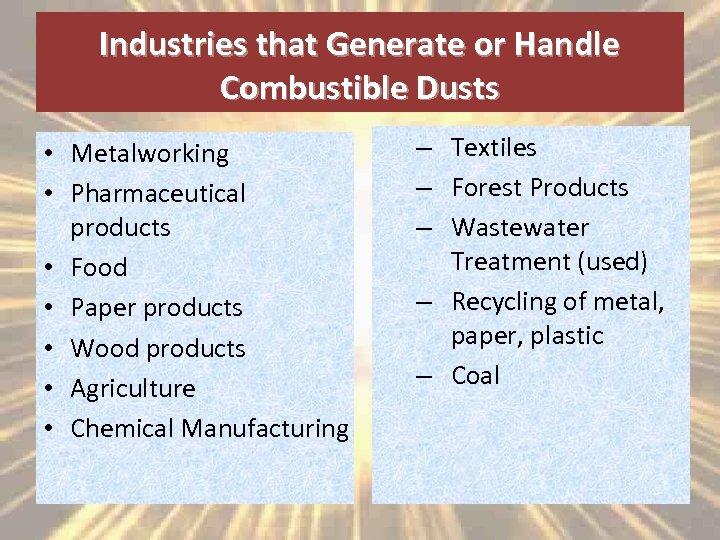 Industries that Generate or Handle Combustible Dusts • Metalworking • Pharmaceutical products • Food