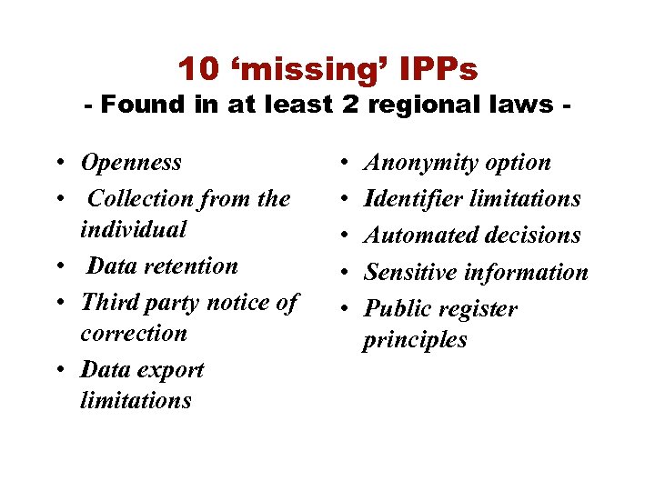 10 ‘missing’ IPPs - Found in at least 2 regional laws - • Openness