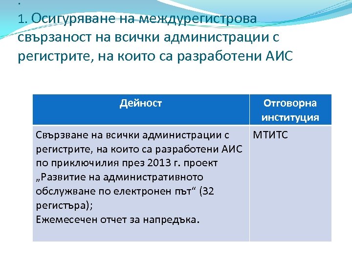 . 1. Осигуряване на междурегистрова свързаност на всички администрации с регистрите, на които са