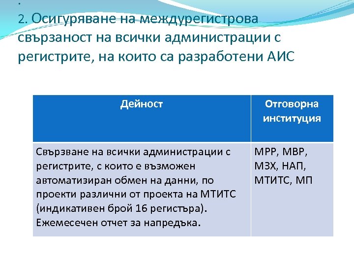 . 2. Осигуряване на междурегистрова свързаност на всички администрации с регистрите, на които са