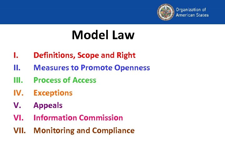 Model Law I. III. IV. V. VII. Definitions, Scope and Right Measures to Promote