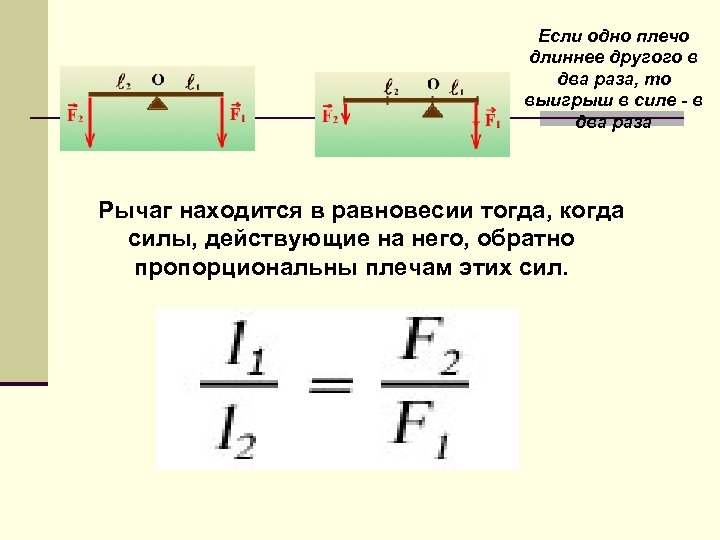 Плечи рычага находящегося. Выигрыш в силе рычага. Как найти силу действующую на длинное плечо. Как найти выигрыш в силе для рычага. Одно плечо рычага в 3 раза длиннее другого.