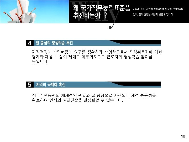 자격검정이 산업현장의 요구를 정확하게 반영함으로써 자격취득자에 대한 평가와 채용, 보상이 제대로 이루어지므로 근로자의 평생학습