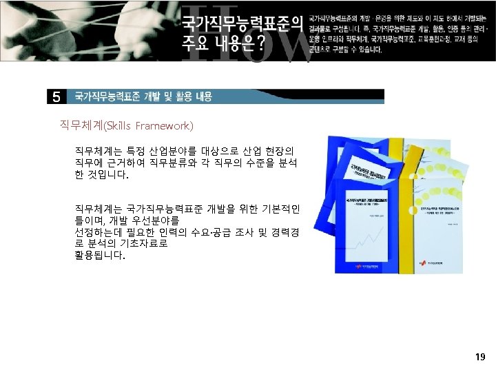 직무체계(Skills Framework) 직무체계는 특정 산업분야를 대상으로 산업 현장의 직무에 근거하여 직무분류와 각 직무의 수준을