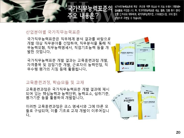 산업분야별 국가직무능력표준은 직무체계 분석 결과를 바탕으로 개발 대상 직무분야를 선정하여, 직무분석을 통해 직 무능력모형,