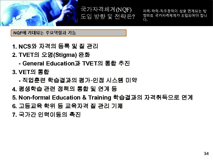 국가자격체계(NQF) 도입 방향 및 전략은? 자격-학력-직무경력이 상호 연계되는 방 향으로 국가자격체계가 도입되어야 합니 다.