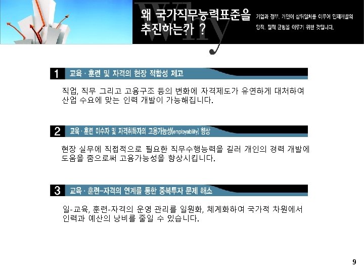 직업, 직무 그리고 고용구조 등의 변화에 자격제도가 유연하게 대처하여 산업 수요에 맞는 인력 개발이