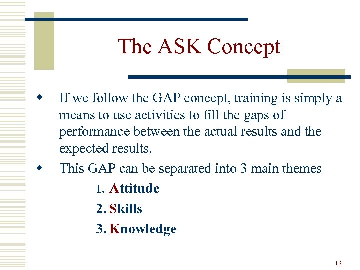 The ASK Concept w w If we follow the GAP concept, training is simply