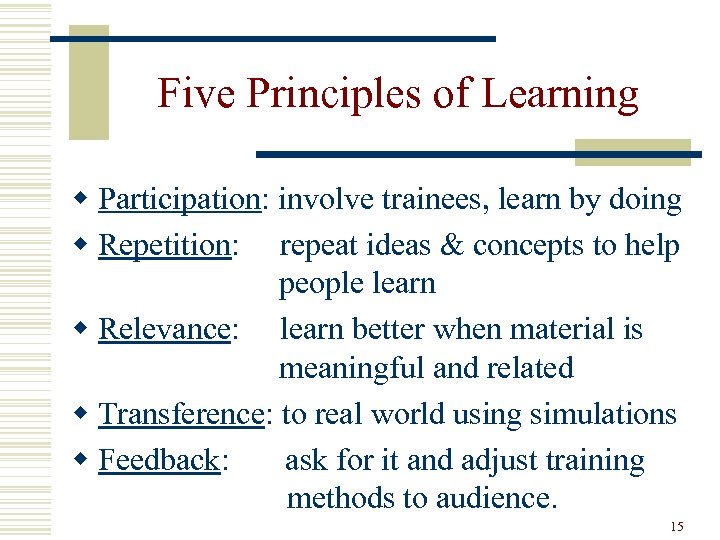 Five Principles of Learning w Participation: involve trainees, learn by doing w Repetition: repeat