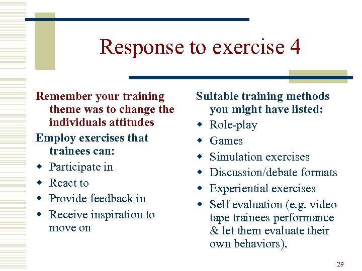 Response to exercise 4 Remember your training theme was to change the individuals attitudes