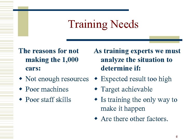 Training Needs The reasons for not making the 1, 000 cars: w Not enough