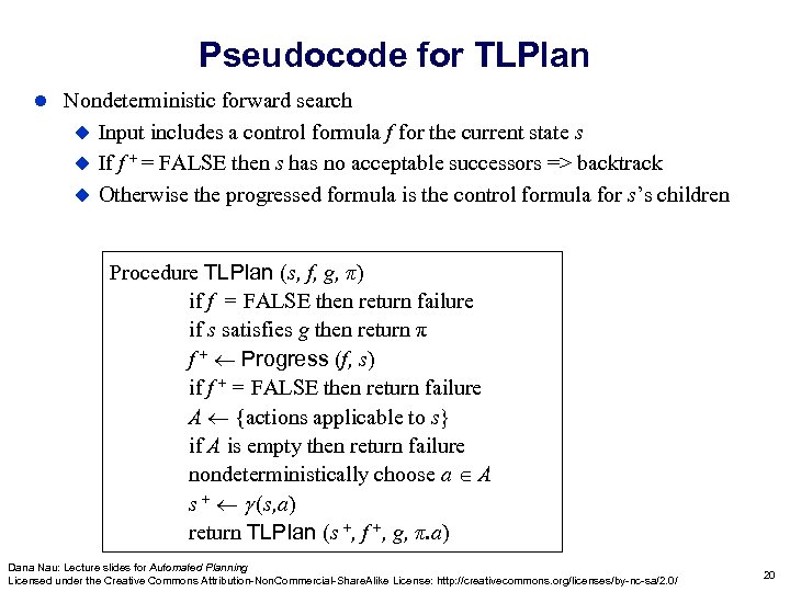 Pseudocode for TLPlan Nondeterministic forward search Input includes a control formula f for the